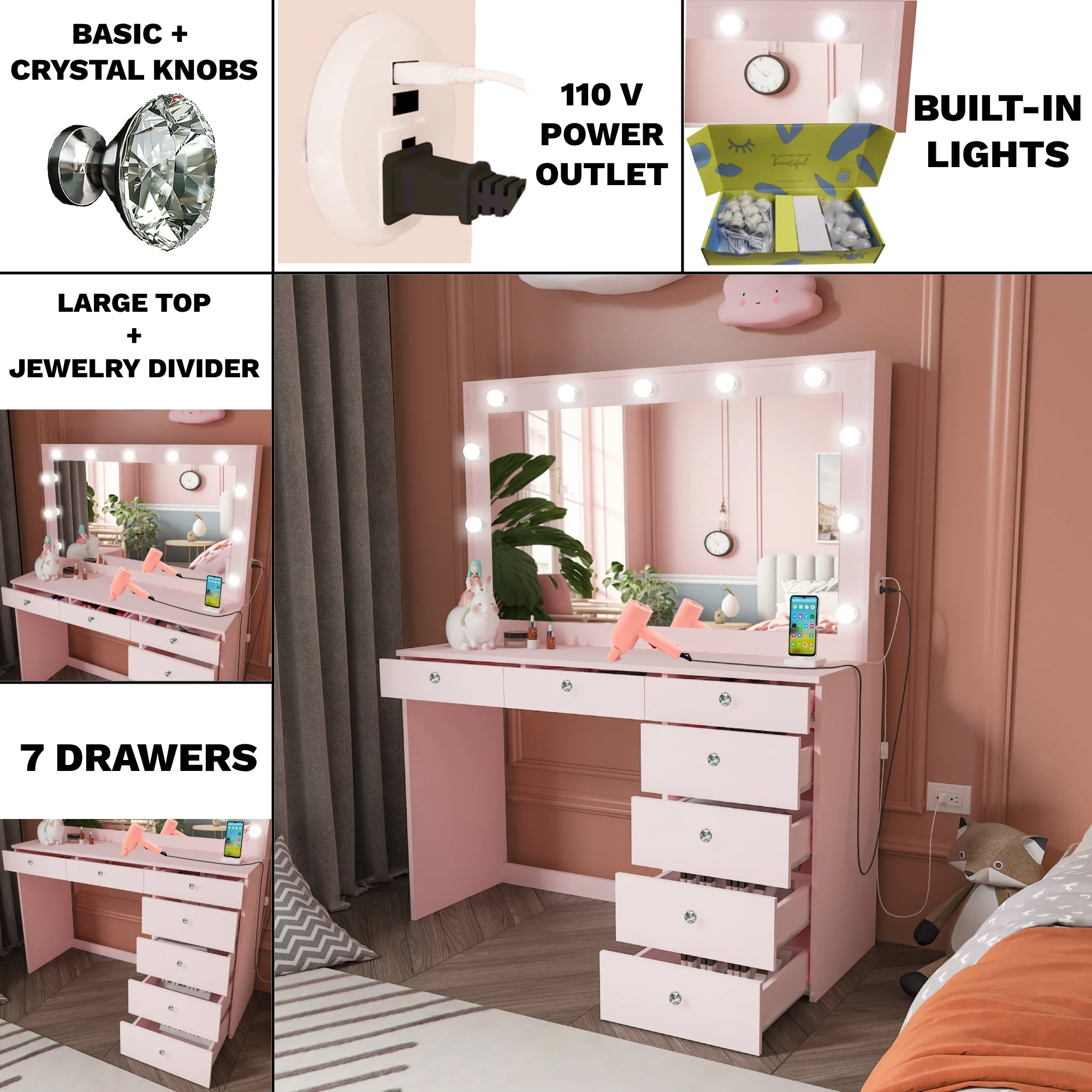 Ember Interiors Peggy Vanity Desk with Lighted Mirror and USB Ports