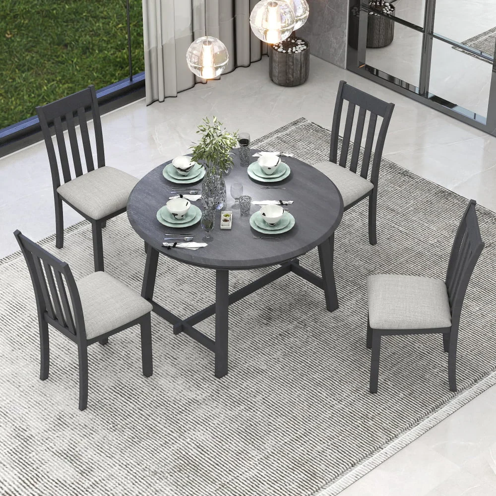 5-Piece Dining Table Set, Round Extendable Dining Table with 4 Upholstered Dining Chairs, Wooden Dining Room Table Set for 4, for  Dining Room Kitchen, Gray