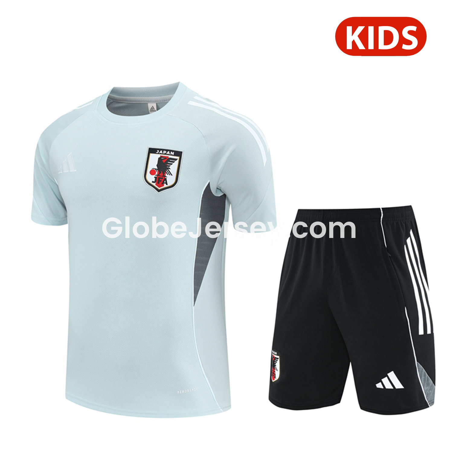 Japan 25-26 Kids Short-Sleeve Training Set - Light Blue Top and Black Shorts