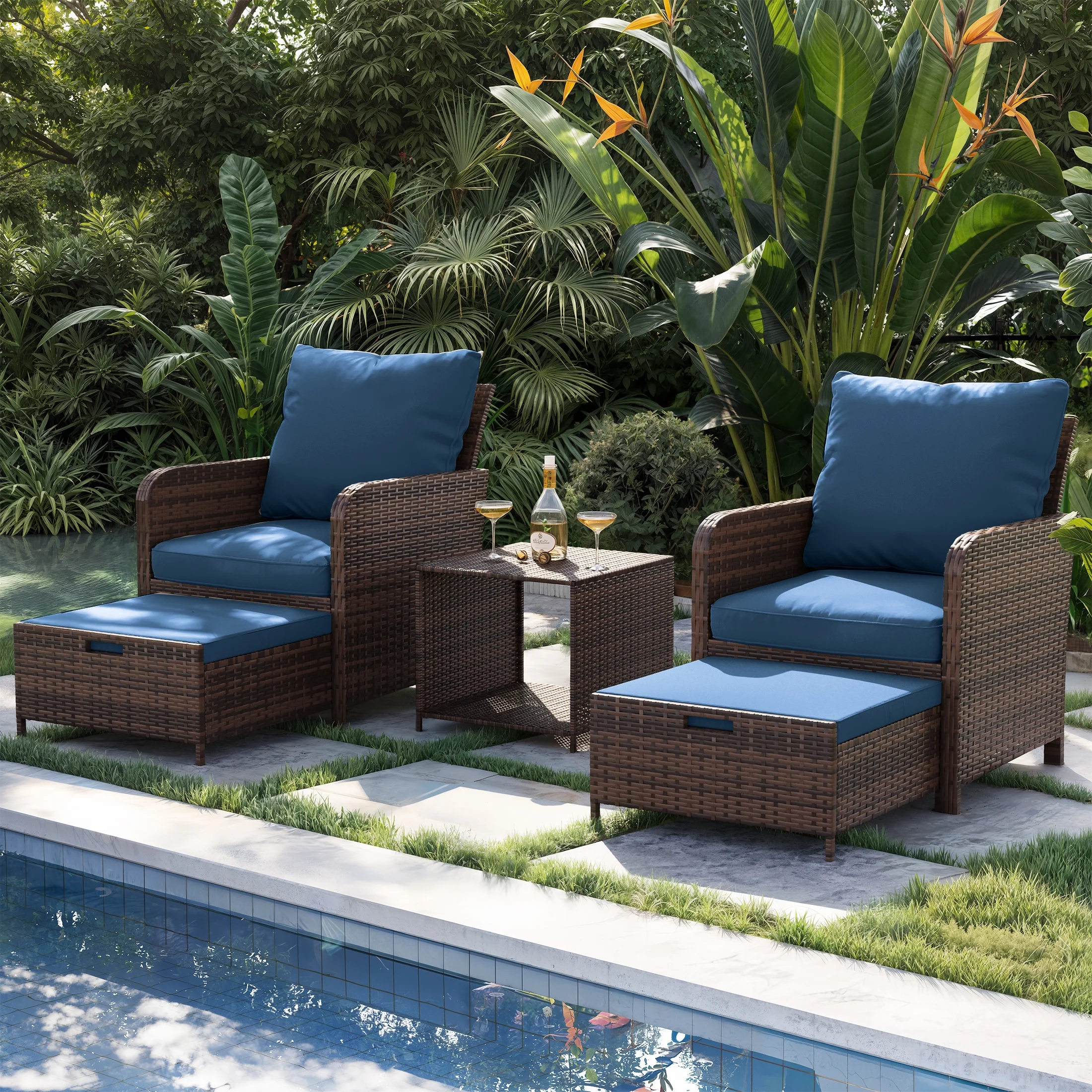 Poteban Balcony Furniture 5 Piece Patio Furniture Set, Outdoor Patio Chair with Ottoman for Front Porch Deck, Wicker Lounge Chair with Side Table, Grey