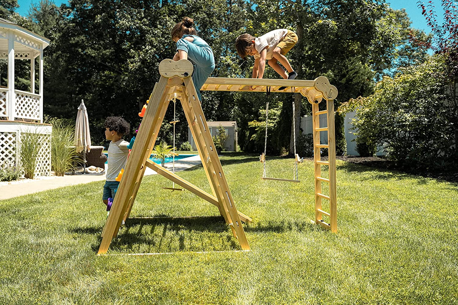 Avenlur Chestnut - The Ultimate Indoor 7-in-1 Playset and Foldable Jungle Gym for Kids Aged 2-8 with Slide, Rock Climb Wall, Climbing Ladder, Rope Net, Monkey Bars, Swing, and Ninja Ring - USA Company