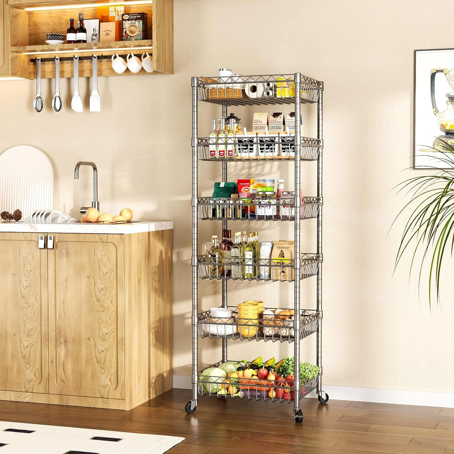 6 Tier Wire Shelving Unit with Wheels Baskets Storage Rack Corner Shelves Adjustable Shelf Closet Bathroom Organizers Metal Pantry Kitchen Garage Laundry Room 13.5