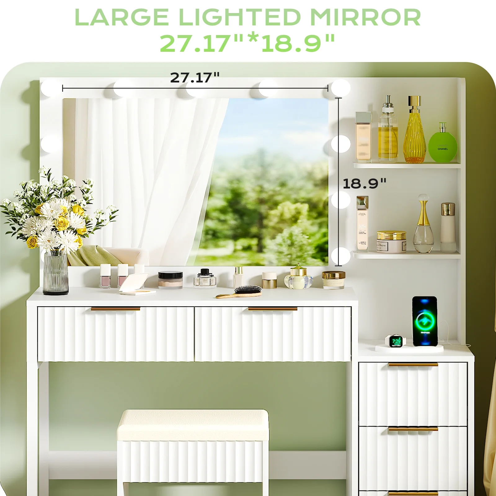 Ktaxon Flutted Makeup Vanity Table Set with 5 Drawer, Dressing Table w/Charging Station, Vanity Desk for Femal Gift, White
