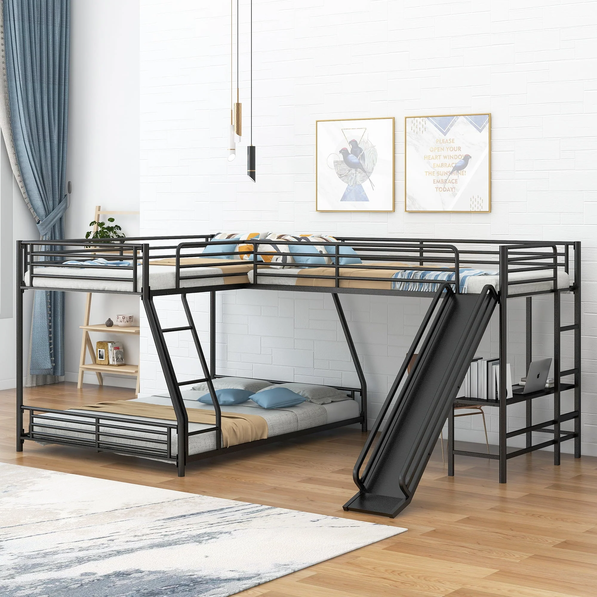 Metal L-Shaped Twin over Full Bunk and Loft Bed with Desk for Kids, Black