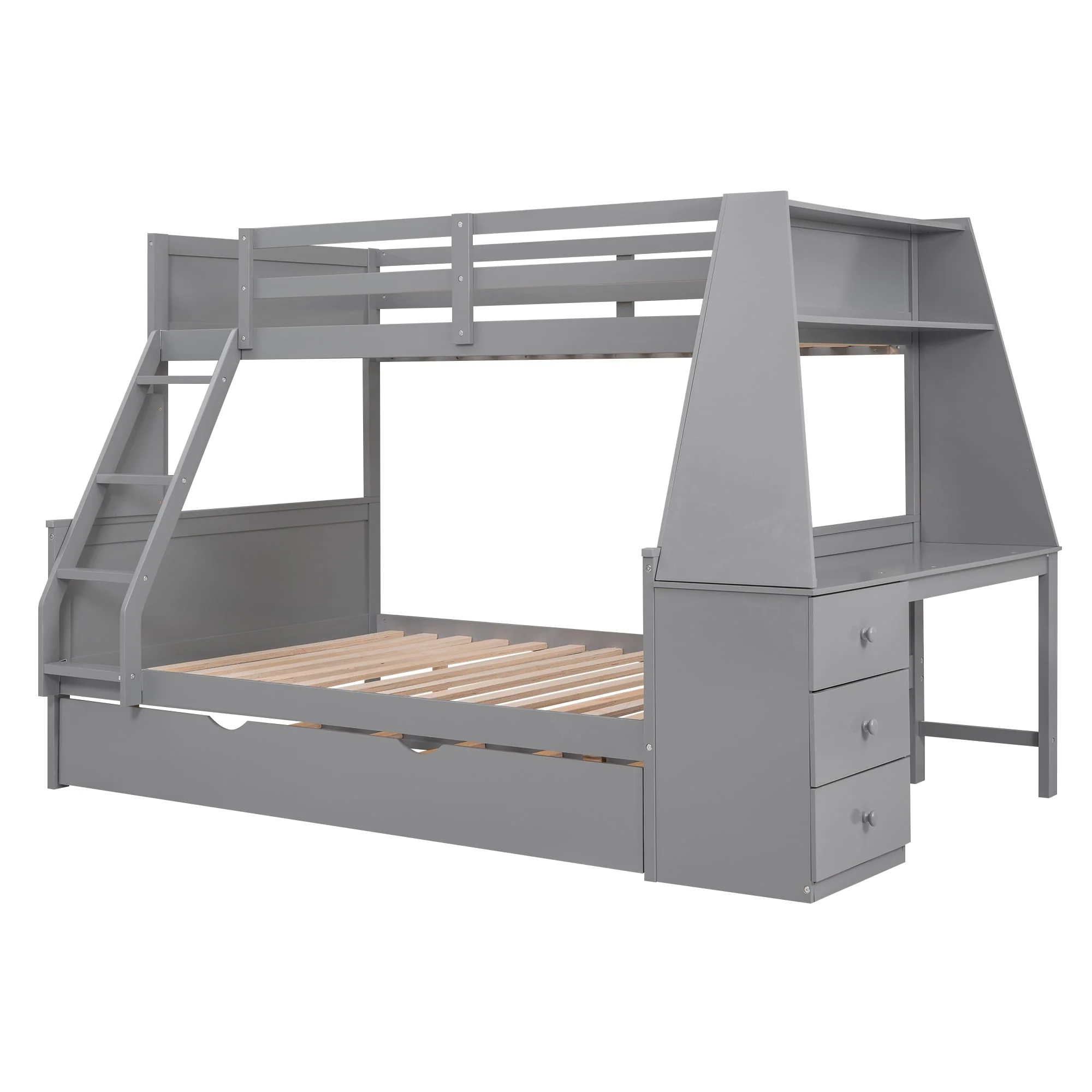 EUROCO Twin over Full Bunk Bed with Trundle, Built-in Desk with Bookcase and 3 Drawers for Kids, Gray