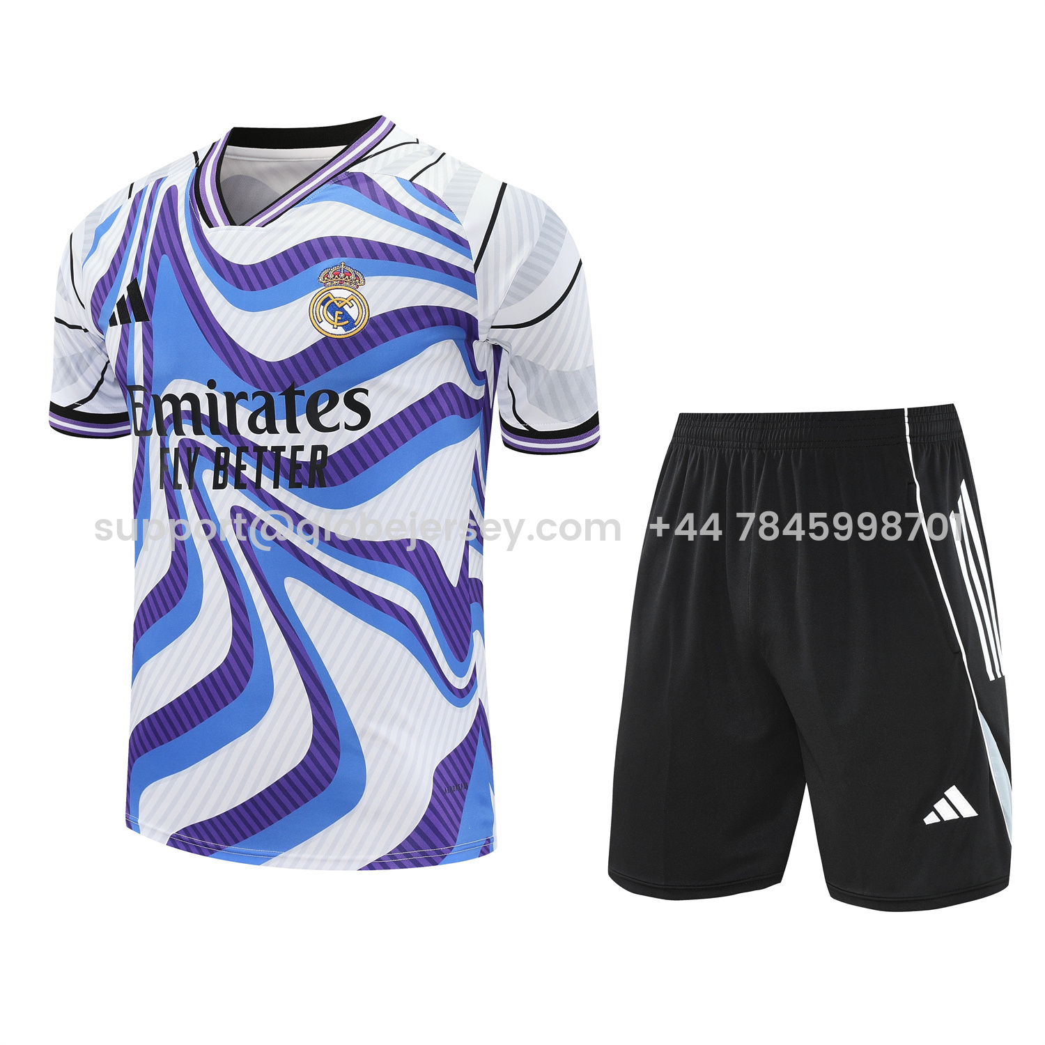 Real Madrid 25-26 Short-Sleeve Training Set - Blue Purple Curve Pattern Top & Black Shorts
