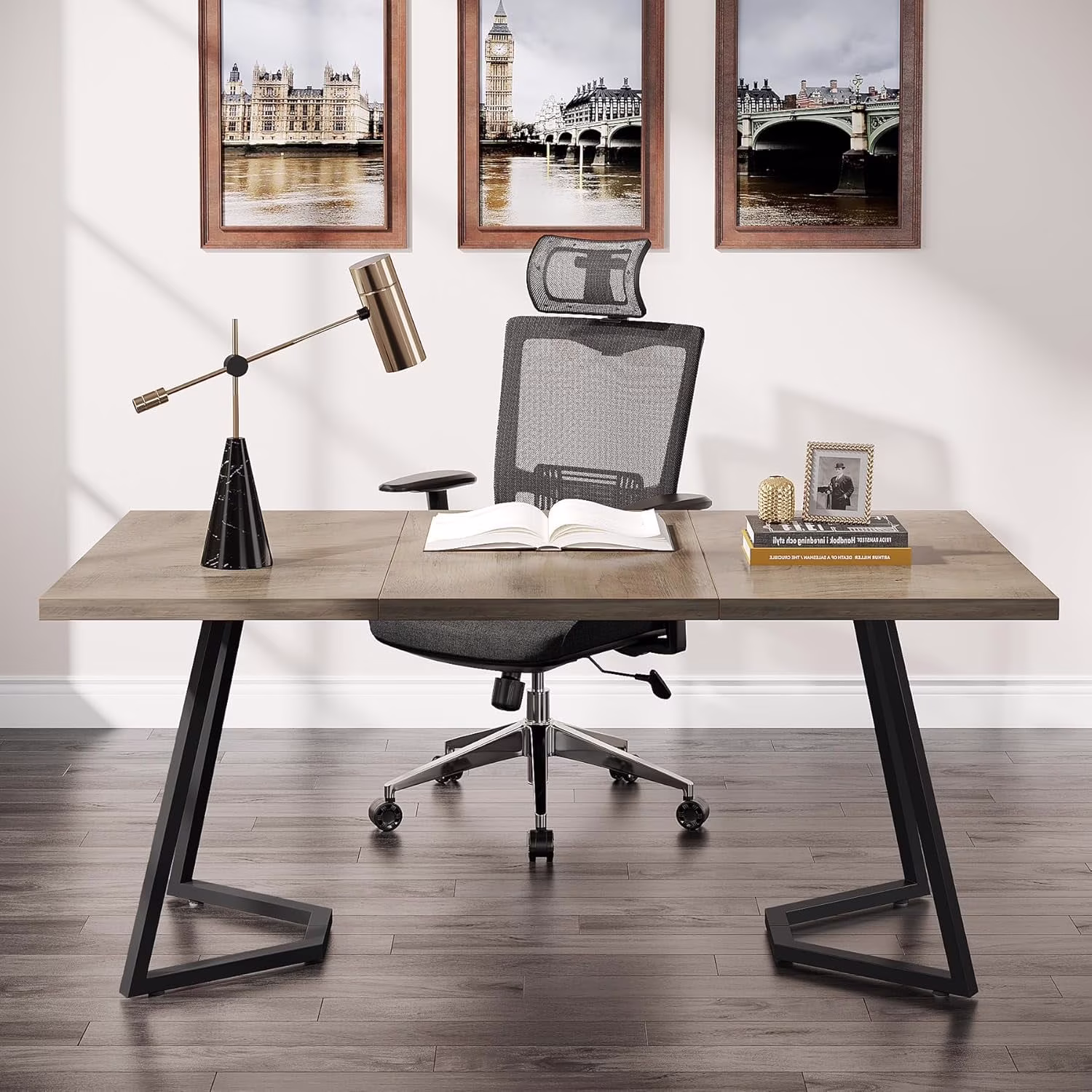 Finmind Modern Home Office Desk, Adult Study Writing Table with Metal Legs, White & Gold, 55.11