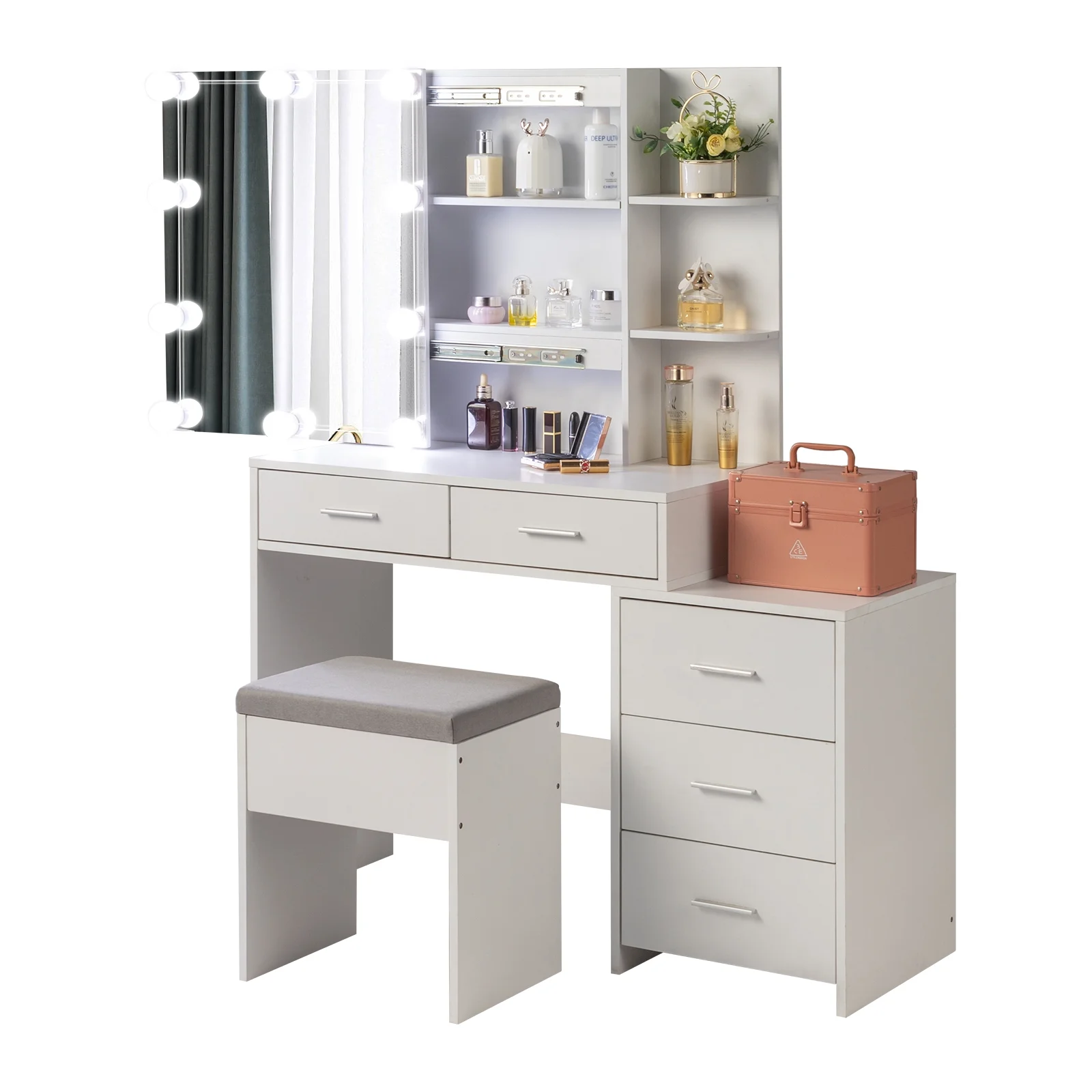 Ktaxon Flutted Makeup Vanity Table Set with 5 Drawer, Dressing Table w/Charging Station, Vanity Desk for Femal Gift, White