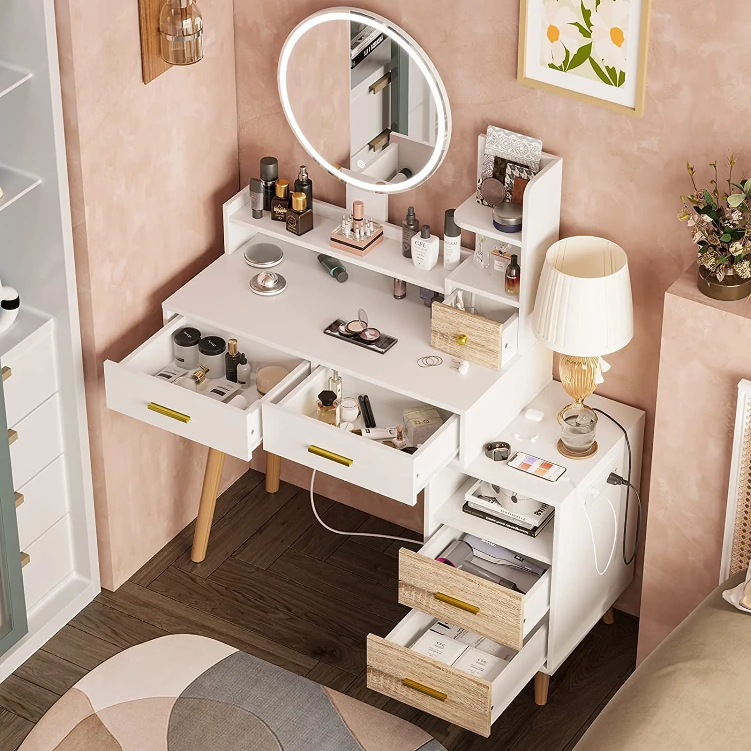 Tiptiper Vanity Mirror with Lights and Table Set, Makeup Vanity with 3 Color Lighting Modes and Charging Station, Vanity Desk with Nightstand and Open Shelves