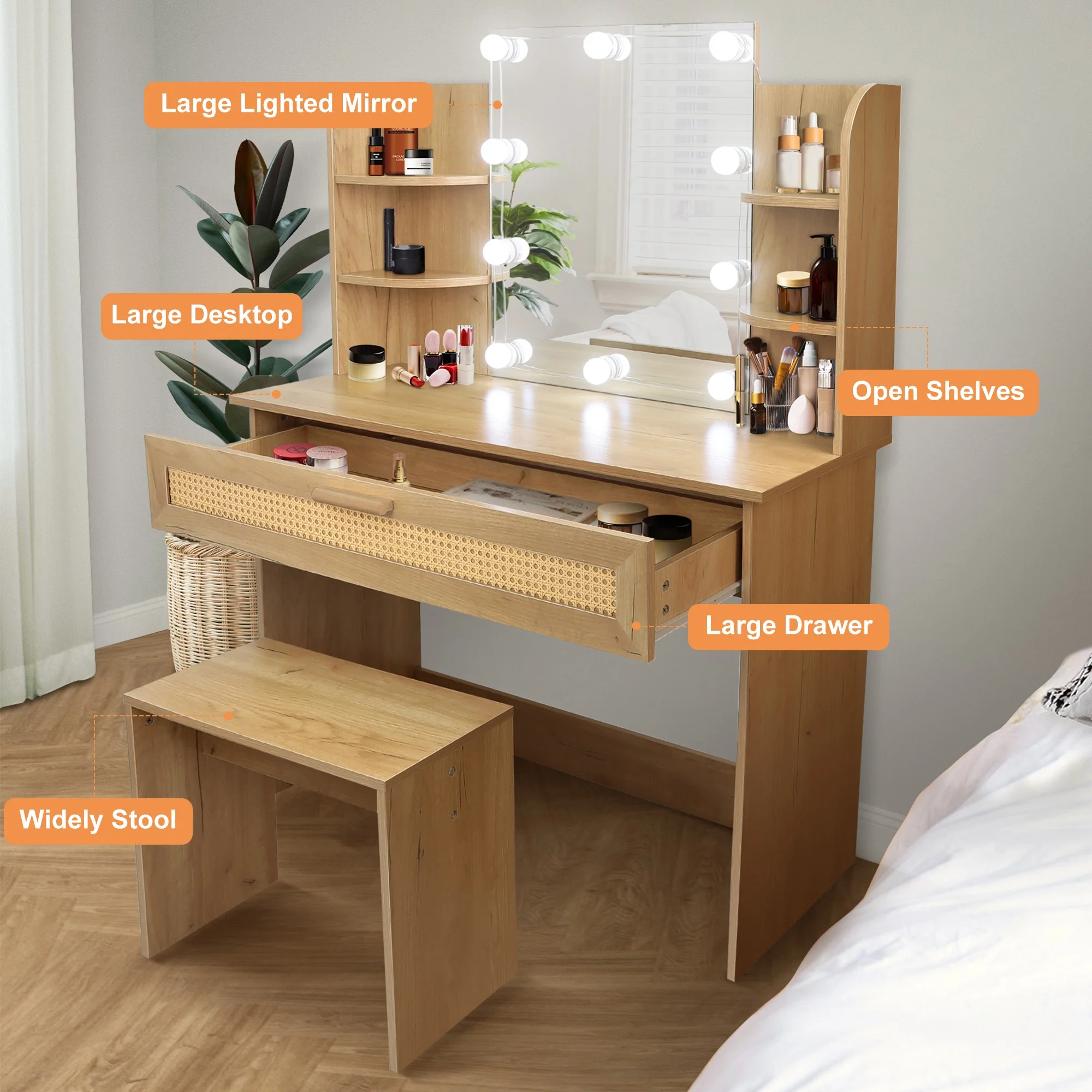 Resenkos Vanity Desk Set with Mirror and Lights for Makeup, 5 Drawers Storage Dresser for Bedroom, White