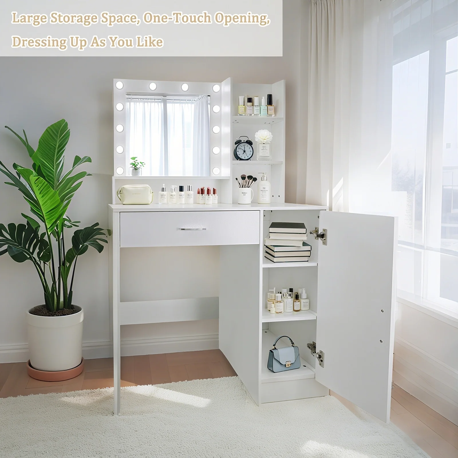 Vanity Desk with Mirror and Lights, Makeup Vanity with Drawer & Storage Cabinet, 3 Lighting Modes Adjustable Brightness, Makeup Desk with Open Shelves for Bedroom, Dressing Room, White