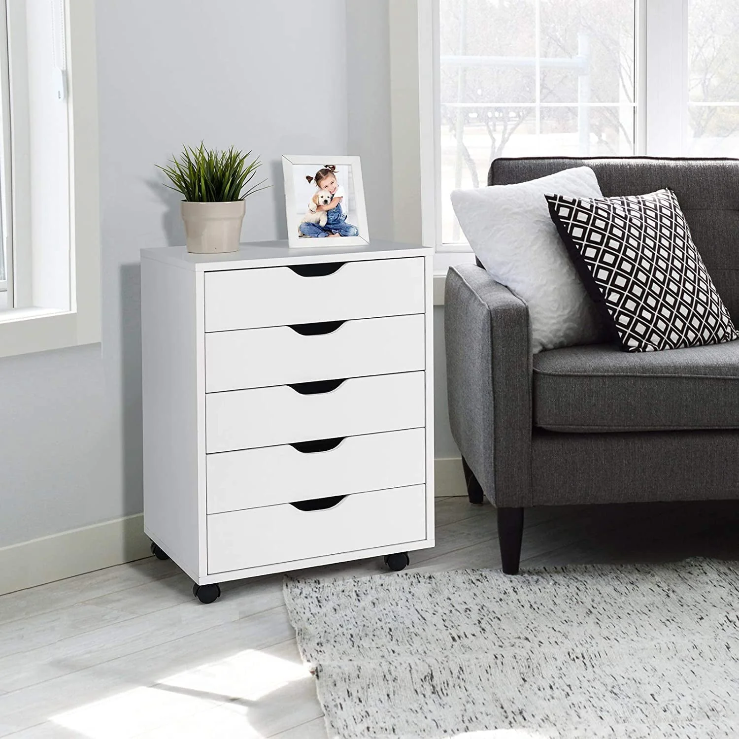 DWVO Wood File Cabinet Rolling Cart 5 Drawer Home Office Storage Organizer White