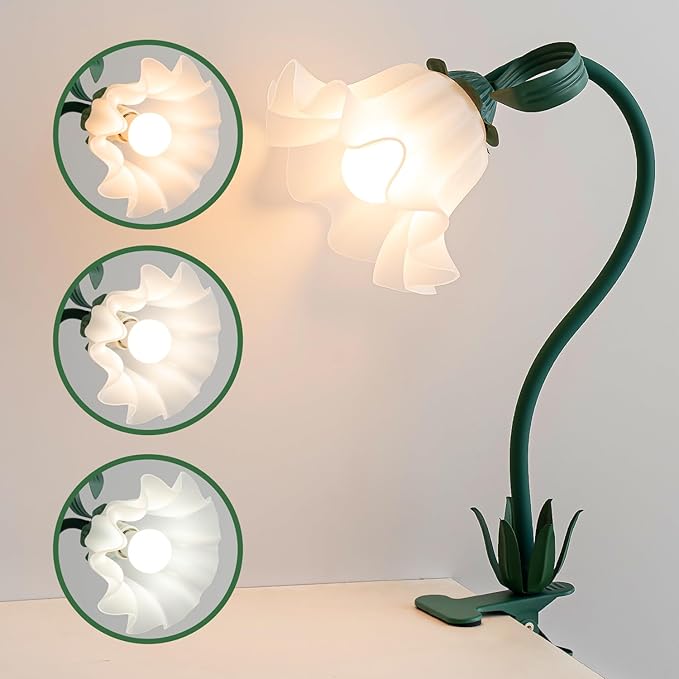 Green Clip on Light, 3 Color Modes Eye-Caring Flower Desk Lamp with Clamp