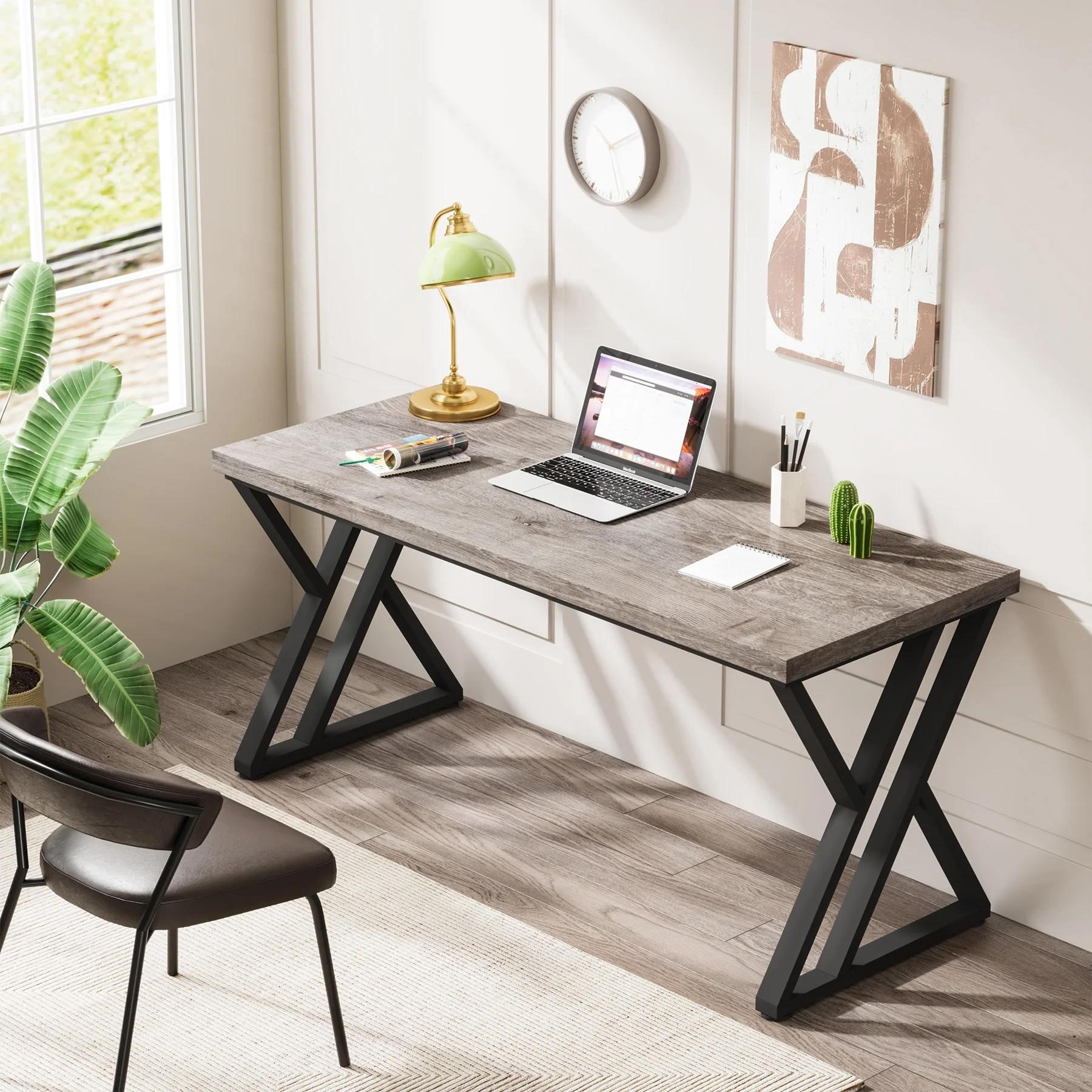Heavy Duty Study Desk with Z-Shaped Metal Leg, Modern Simple Home Office Computer Desk, Rustic Brown