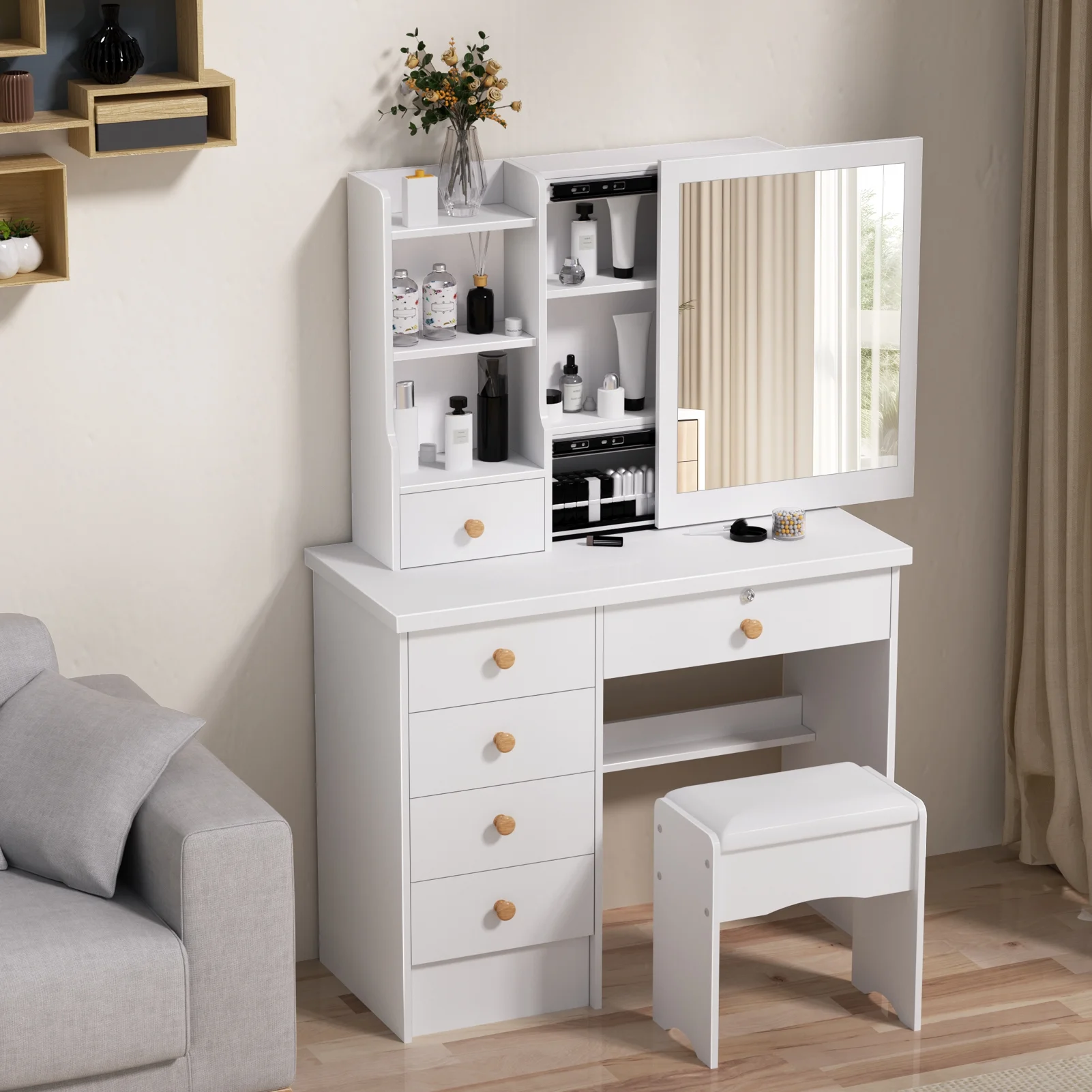Fogcroll Vanity Desk with Mirror, Makeup Vanity with 6 Drawers and 3 Open Shelves Modern Vanity Set Dressing Table for Bedroom 31.5