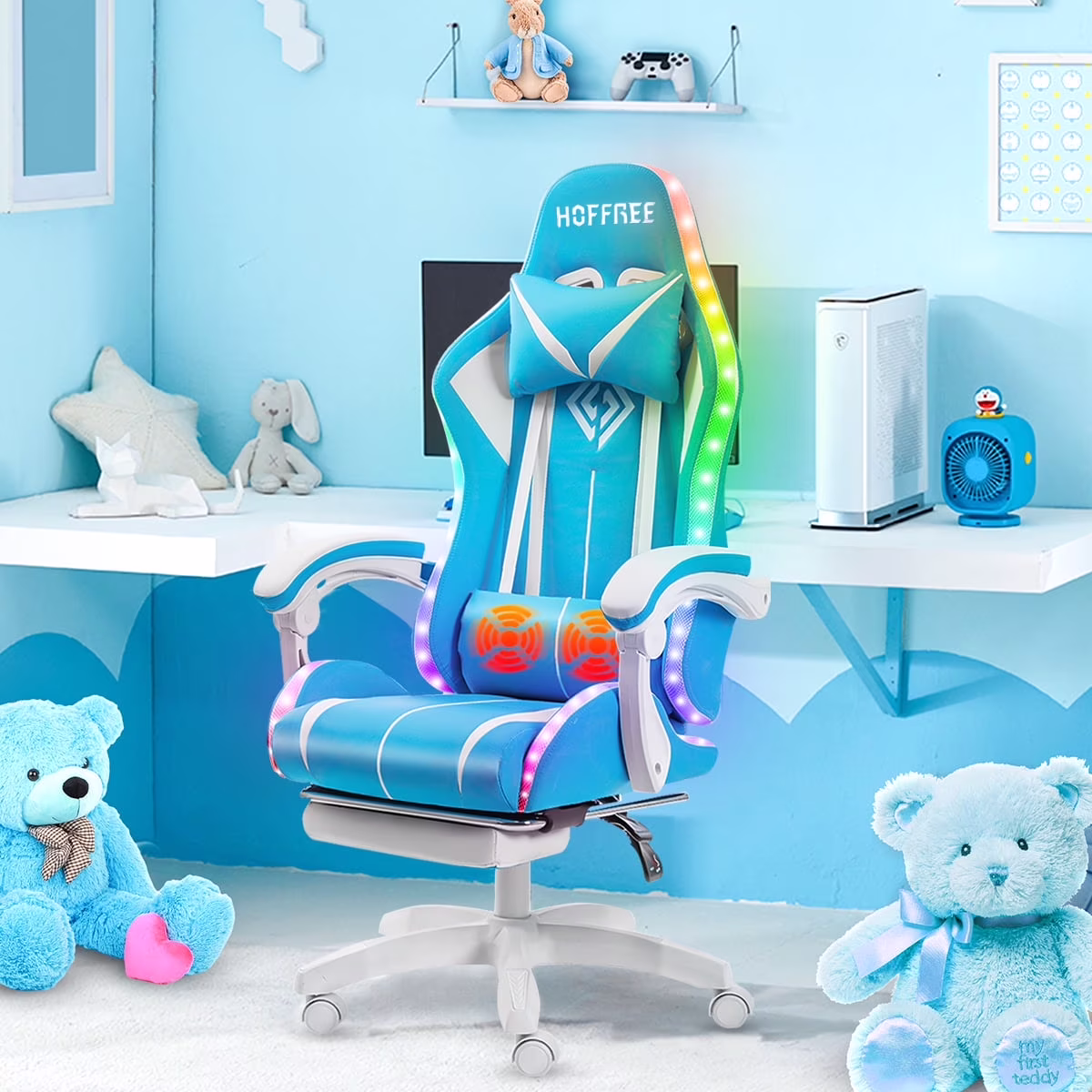 Hoffree Gaming Chair with Massage PU Leather Office Chair with Footrest and LED Light Ergonomic Gamer Chair Lumbar Support Adjustable Headrest High Back Computer Desk Chair for Home Office