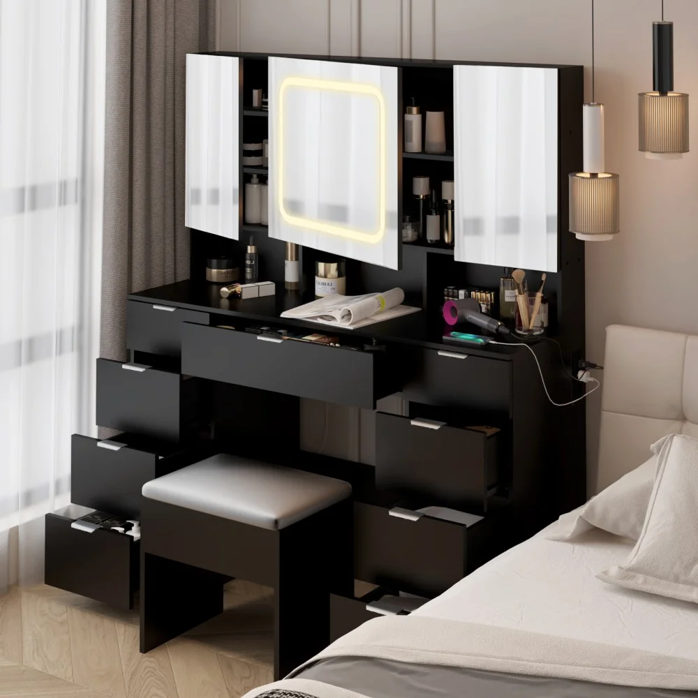 IVV Vanity Desk Set with Large LED Lighted Mirror & Power Outlet, Makeup Dressing Table with 9 Drawers and 3 Cabinets in Mirrored Doors, 47