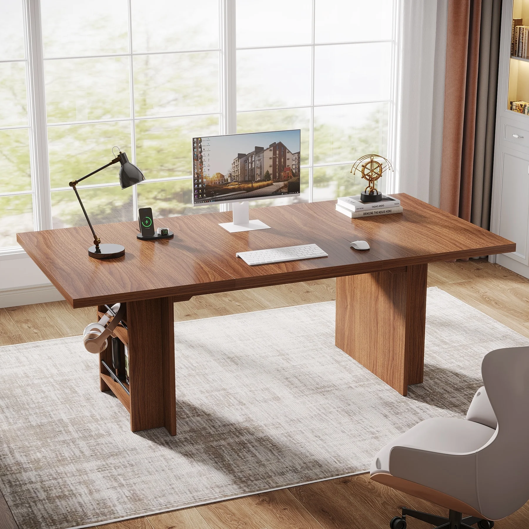 63-in Large Executive Desk, Home Office Desk Large Computer Writing Table with Storage Walnut