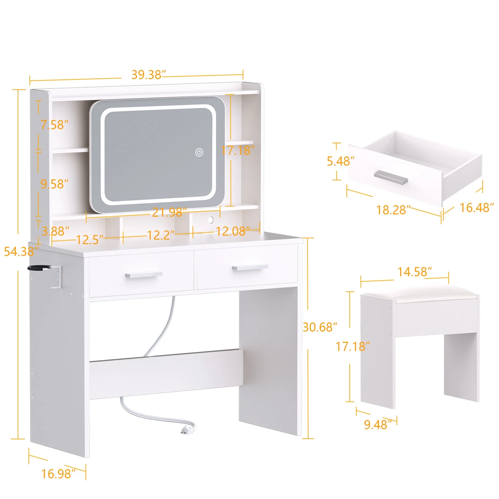 Satifur White Vanity Desk Set with Mirror and Lights, Makeup Table with Charging Station, Comfortable Bench, Big Vanity with 3 Storage Compartments, 39.4in