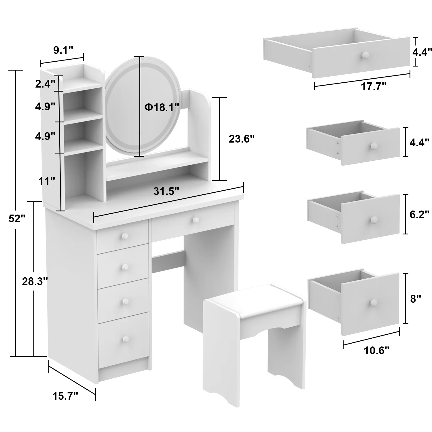 OXYLIFE Makeup Vanity Desk Table with Sliding LED Lighted Mirror, Cushion Stool, 4 Drawers and Shelves, White+Gray
