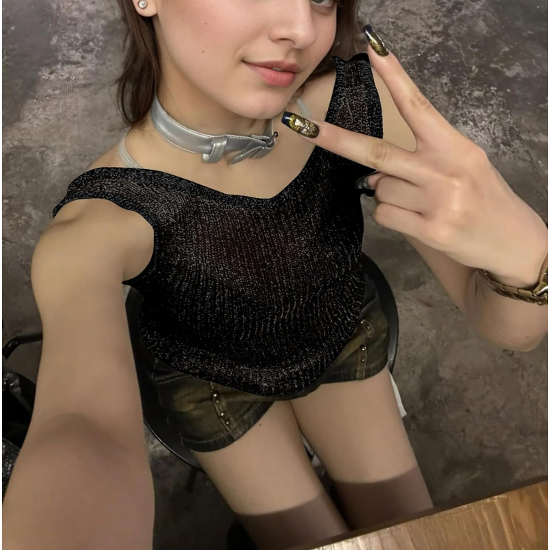 Women Sexy Fishnet Knit Glittering Scoop Neck Crop