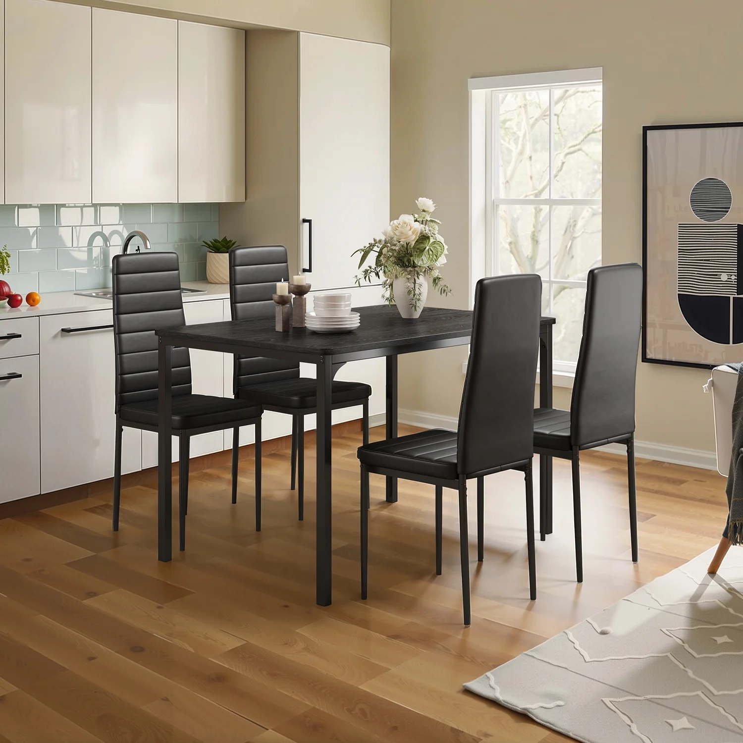 Aiho Compact 5-Piece Modern Dining Set for 4, Faux Marble Table & Vegan Leather Chairs for Dining room, Black