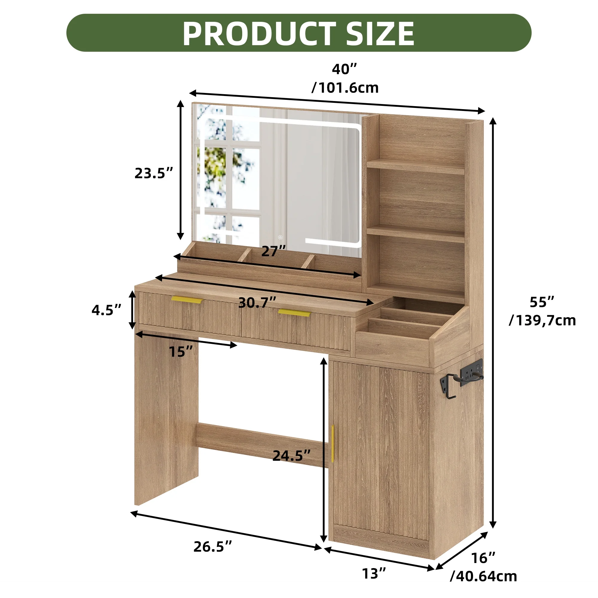 Uforic Vanity Desk with Mirror and LED Lights, Makeup Vanity Table with 2 Drawers & 11 Shelves, Makeup Table with Power Outlet for Bedroom Dressing Room,Oak