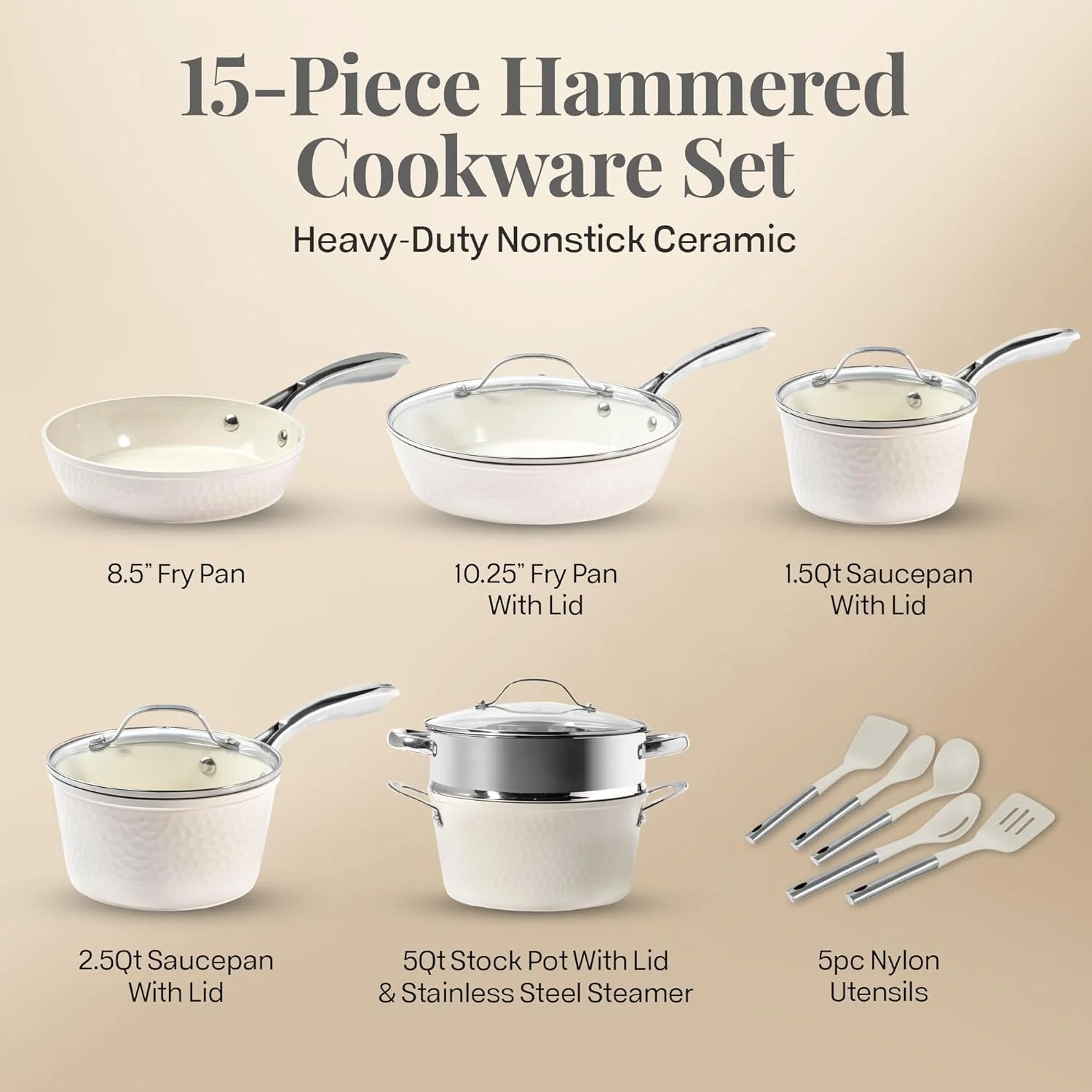 Gotham Steel Hammered 15 Pc Ceramic Pots and Pans Set Non stick, Cookware Set Nonstick for Kitchen with Utensils, Pots and Pans for Cooking, Non Toxic Cookware Sets, Oven and Dishwasher Safe, Copper