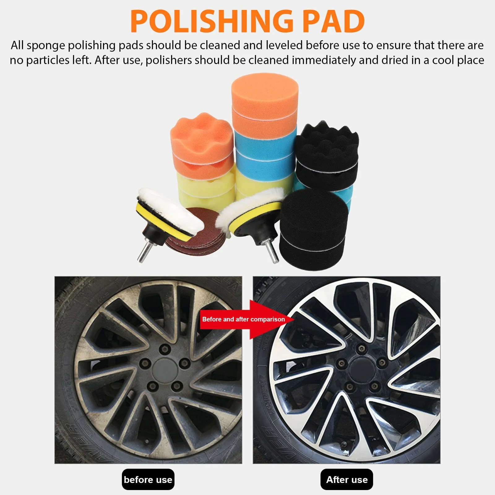 EEEkit 31pcs Car Polishing Sponge Pad Kit, Buffing and Polishing Kit with Waffle Foam,  Wool Grip Pads,  Backing Plates,  Drill Adapter,  Sanding Papers, Threaded Polisher Grip