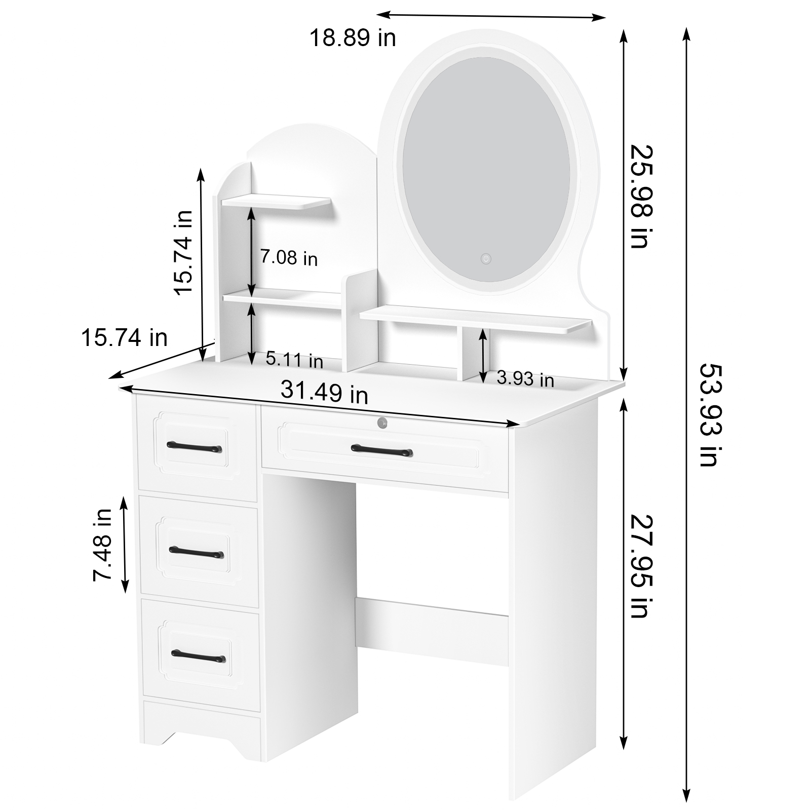 Anvazise Makeup Desk with Mirror, Large Vanity Desk with Storage Shelves, 4 Drawers, Makeup Vanity Table with Light, Bedroom Dressing Table