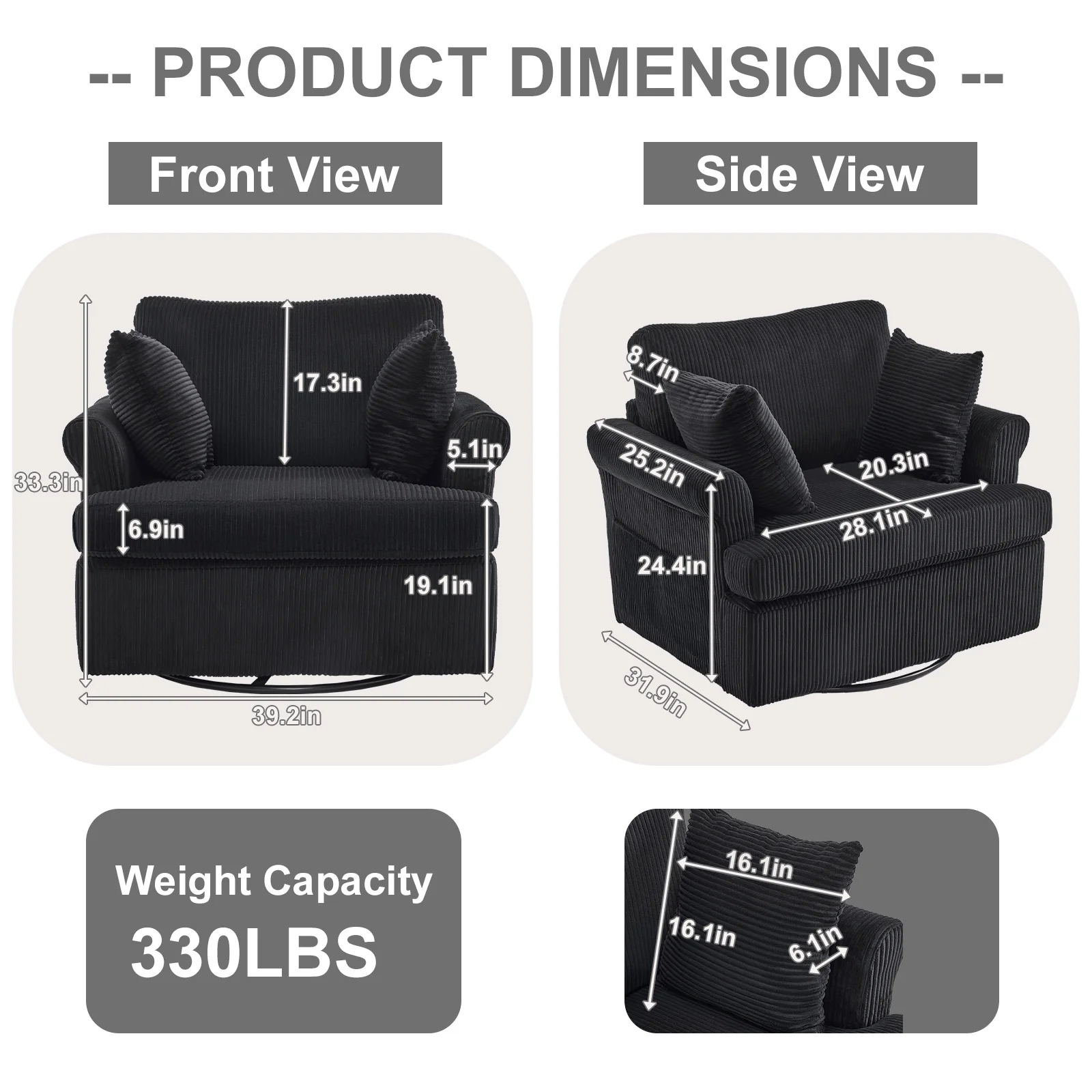 Ktaxon Swivel Accent Chair, 360-Degree Rotation Reading Chair, Corduroy Fabric Sofa with Armrest Pockets, Solid Metal Base, Perfect for Living Room Bedroom Black