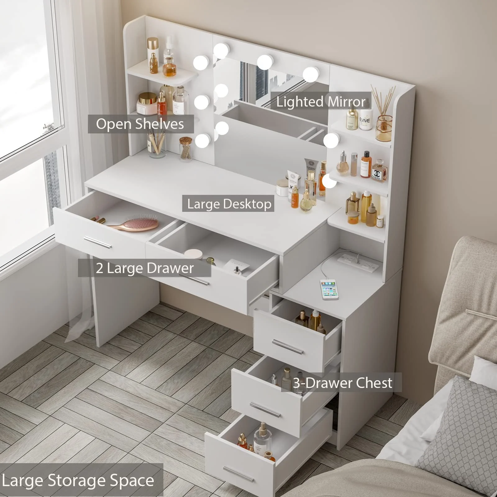 Makeup Vanity with Mirror and Lights,3 Lighting Colors,Bedroom Vanity Table with Charging Station,White Make Up Desk with 5 Drawers Storage and Open Shelves