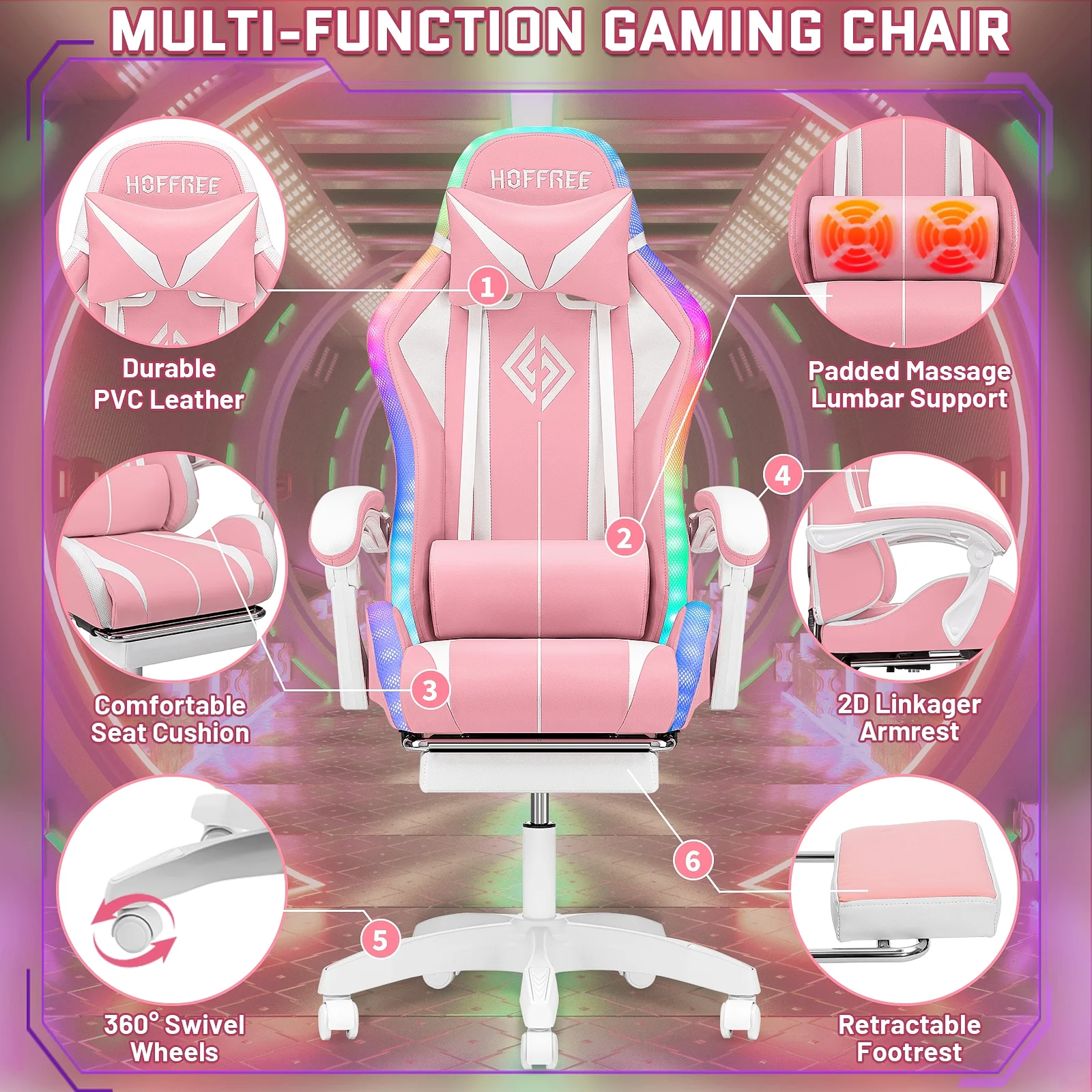 Hoffree Gaming Chair with Massage PU Leather Office Chair with Footrest and LED Light Ergonomic Gamer Chair Lumbar Support Adjustable Headrest High Back Computer Desk Chair for Home Office