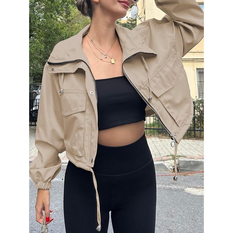 Women's Cropped Jacket Zip Up Lightweight Oversized Utility Anorak