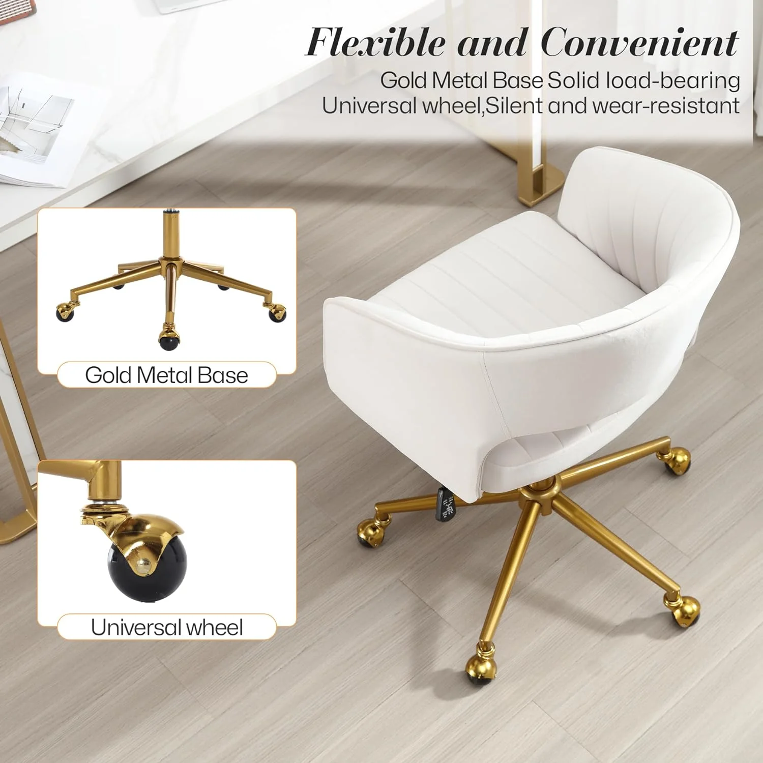 Home Office Swivel Desk Chair, Modern Velvet Vanity Chair, Height Adjustable Armchair with Gold Base, Ergonomic Office Chair for Task Study Computer Room, Beige