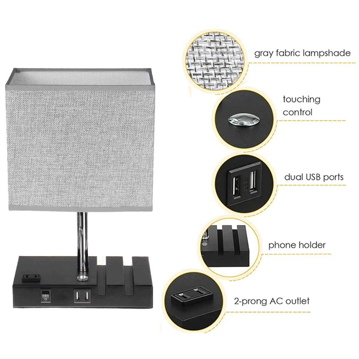 Touch Control Table Lamp with 2 USB Charging Ports, 1 AC Outlets and 2 Phone Stands, Modern USB Desk Lamp with Black Wooden Base and Grey Shade Suitable for Bedroom, Living Room