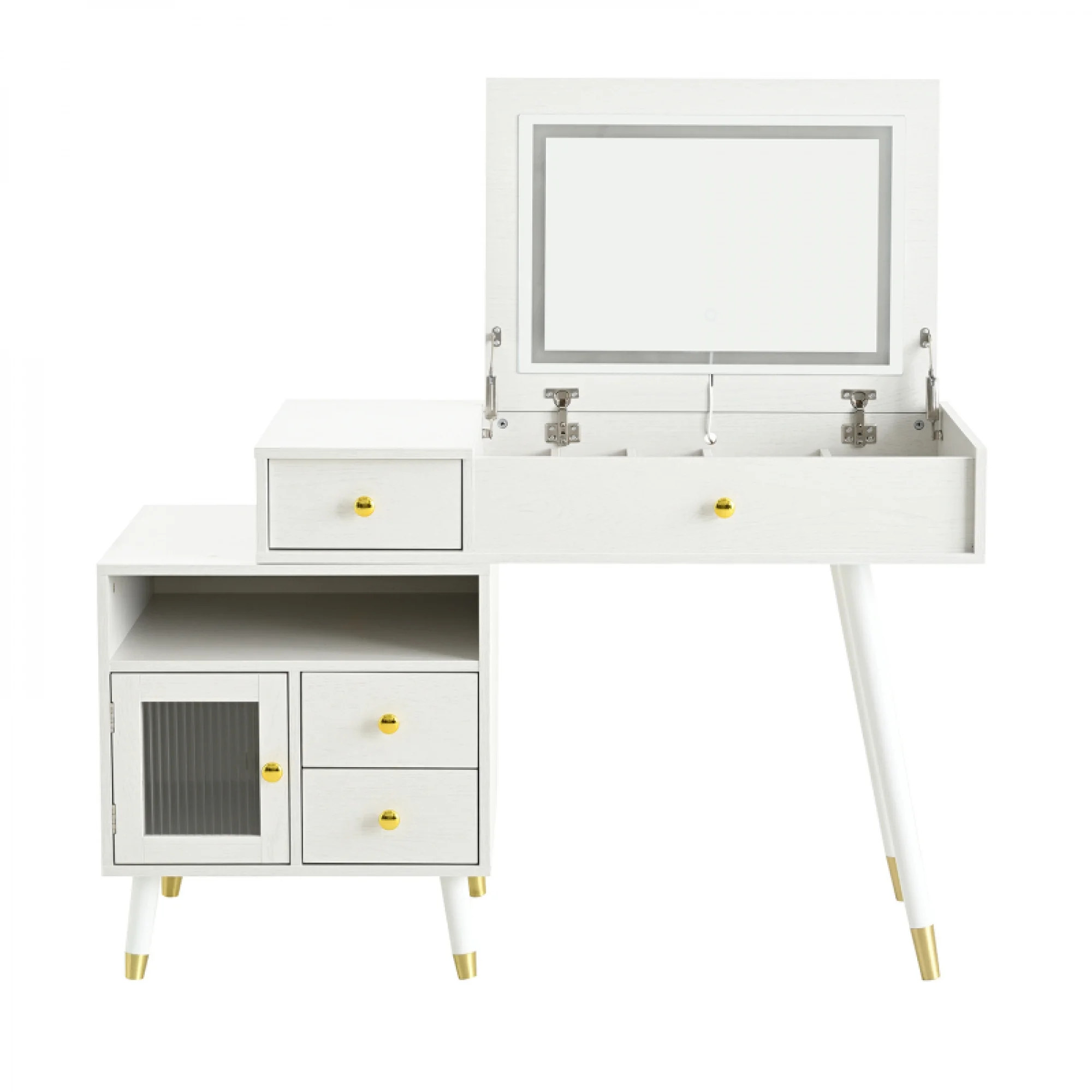 3-in-1 Vanity Desk with Lighted Flip-Top Mirror & Adjustable Cabinet, Makeup Dressing Table with Stool, Dresser with Drawers for Bedroom, White