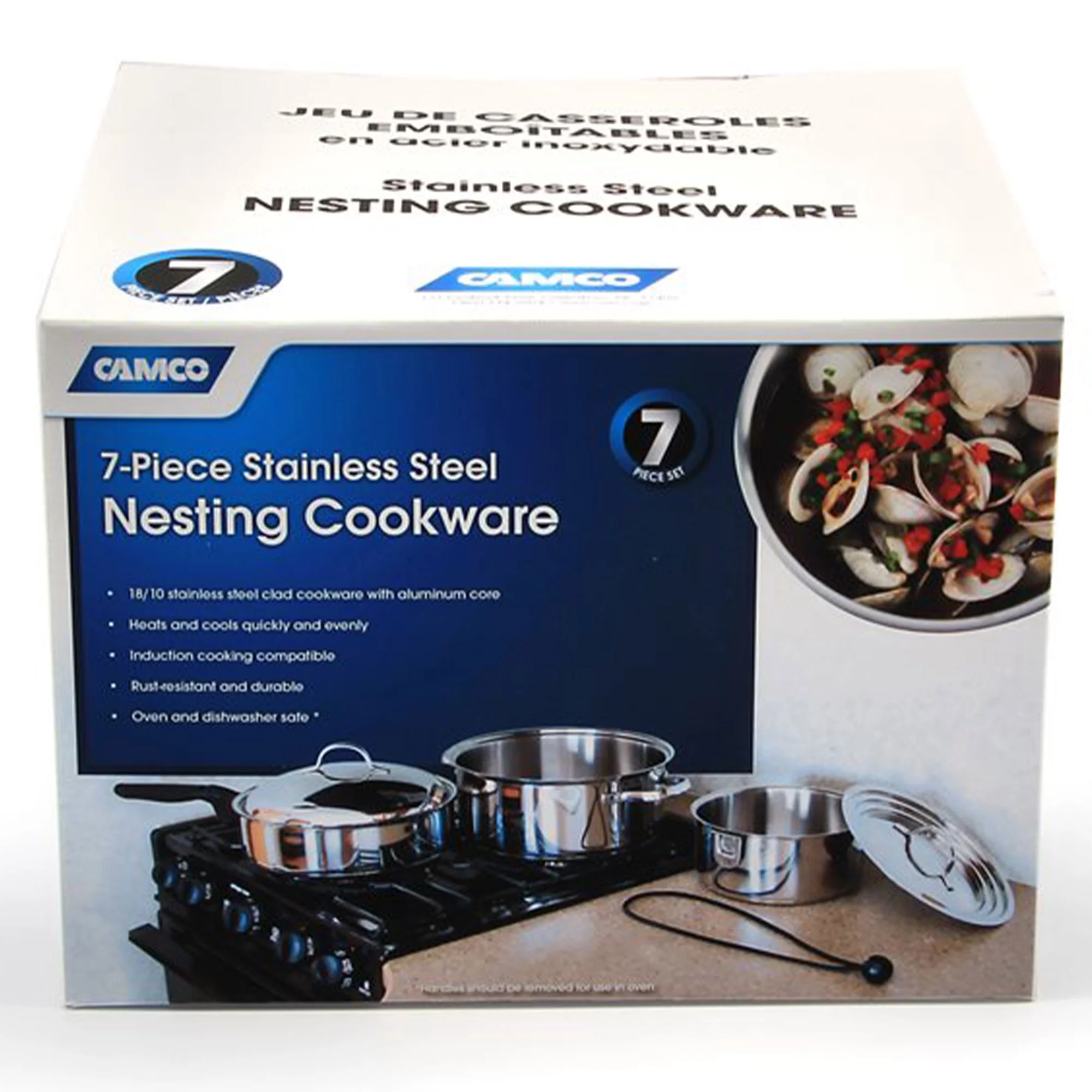 Camco Premium Ceramic Nesting Cookware Set- Non Stick Pans and Pots with Removable Handles, Space Efficient Excellent for RVs and Compact Kitchens, 7-Piece Set (43920)
