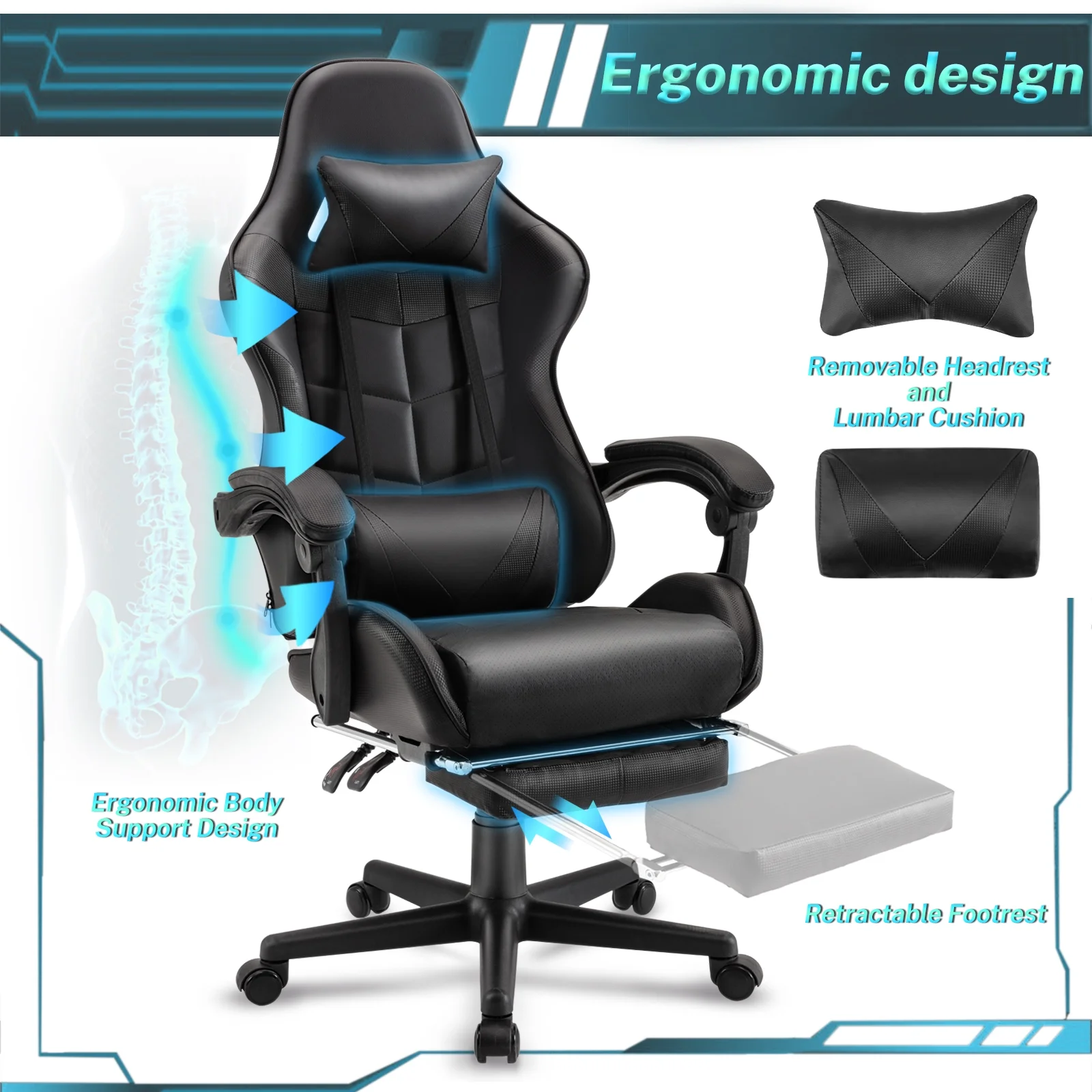 SOONTRANS Green Gaming Chair with Footrest, High Back Gamer Chair with Massage Lumbar Pillow, Gamer Computer Desk Chair (Green)