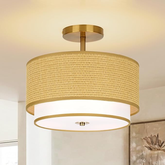 MELLOWWLITE Boho Light Fixtures Woven Rattan-Style Flush Mount Ceiling Light