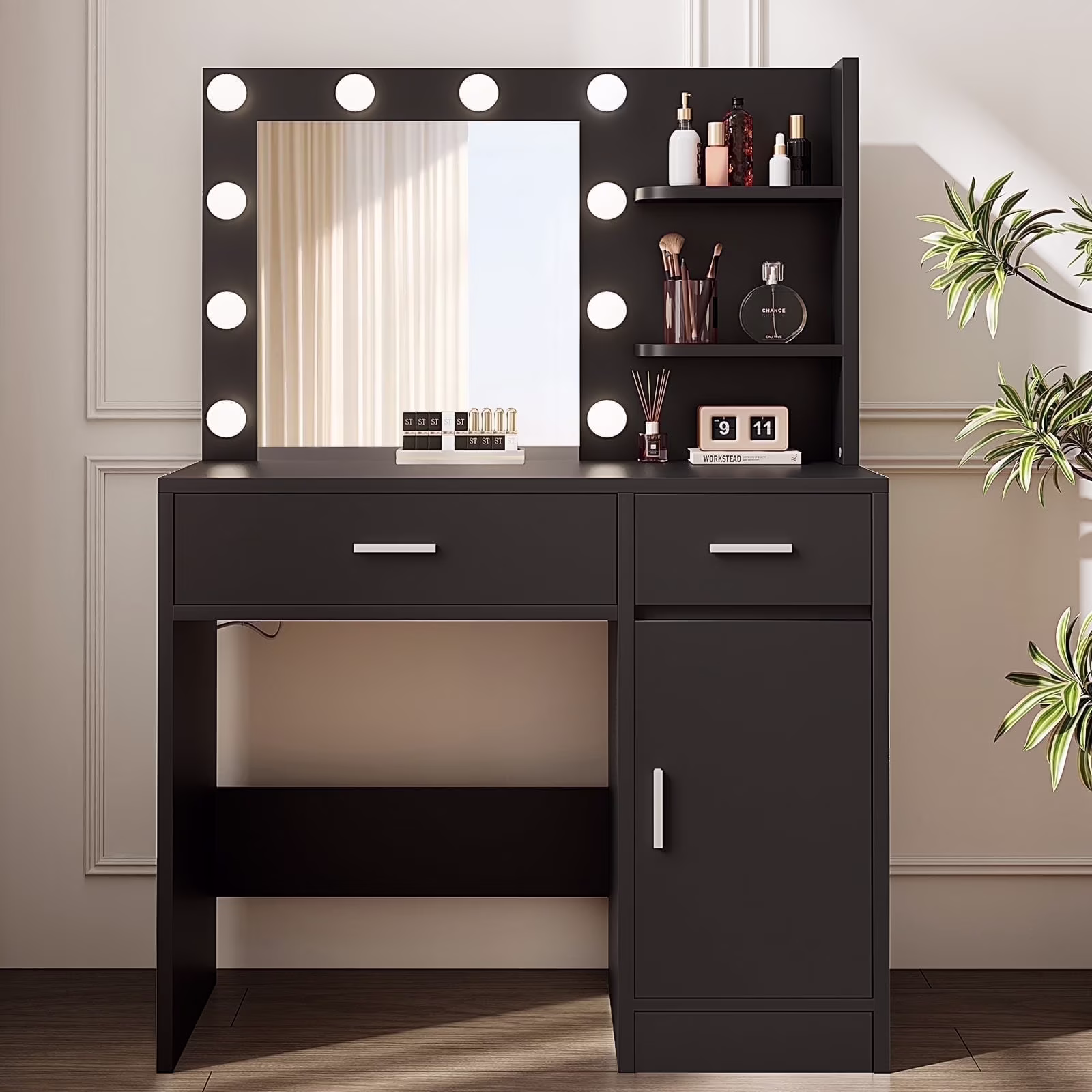 LIVELYGLOW Vanity Desk with Mirror and Lights, Makeup Vanity with Drawer & Storage Shelves, Cabinet, 3 Lighting Modes Adjustable Brightness,White