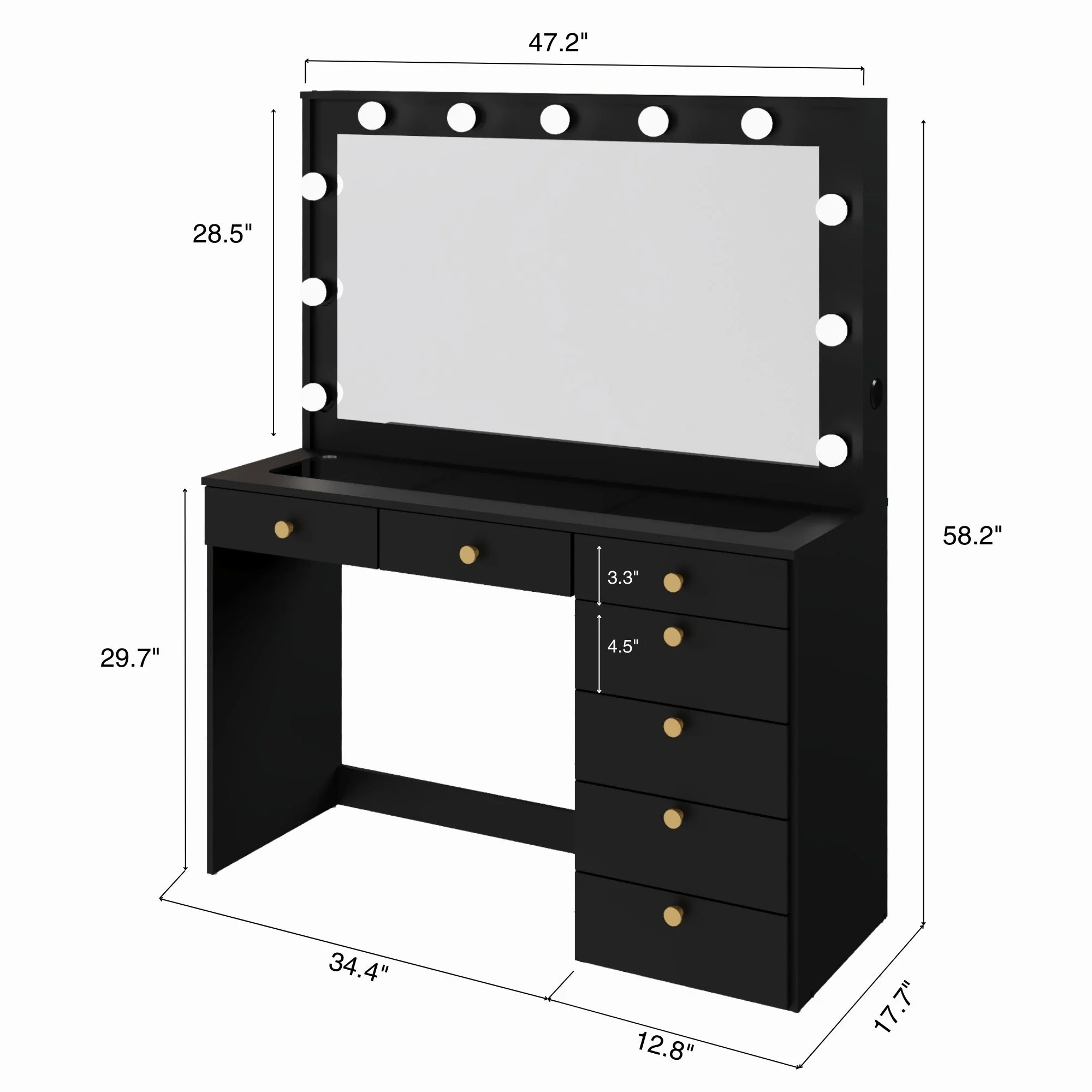 Ember Interiors Modern Large Greige Makeup Vanity Desk with Built-in Lights, Power Outlet with USB Type-C, Glass Top, 7 Drawers and Crystal Knobs