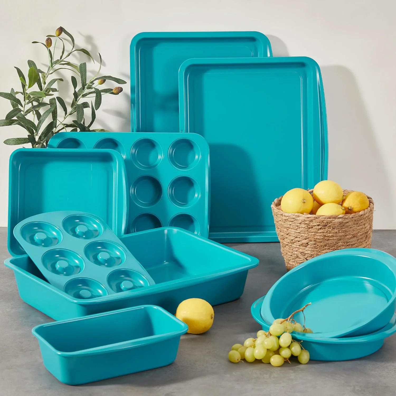 Stackable Bakeware Set, 9-Piece Baking Pans Set with Non-Stick Coating and Innovative Handles, Includes Exclusive Donut Pan a?? Ideal for Home and Professional Baking (Blue)