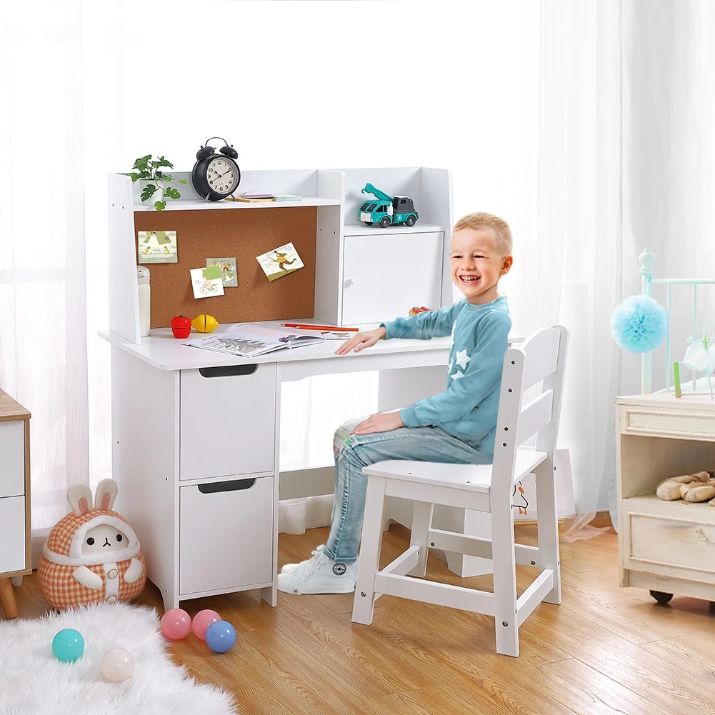 Wpond Kids Desk and Chair Set, Wooden Children Study Table with Storage, Bulletin Board, Student Computer Workstation Writing Desk for Kids Bedroom, School, White