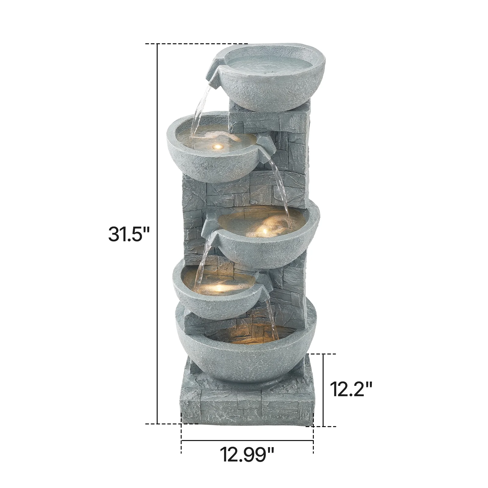 KFFKFF 31.5-Inch Outdoor Water Fountain with LED Light, 5-Tier Cascading Bowl Design, Floor-Standing Waterfall Feature for Garden, Patio, Home, and Backyard Use