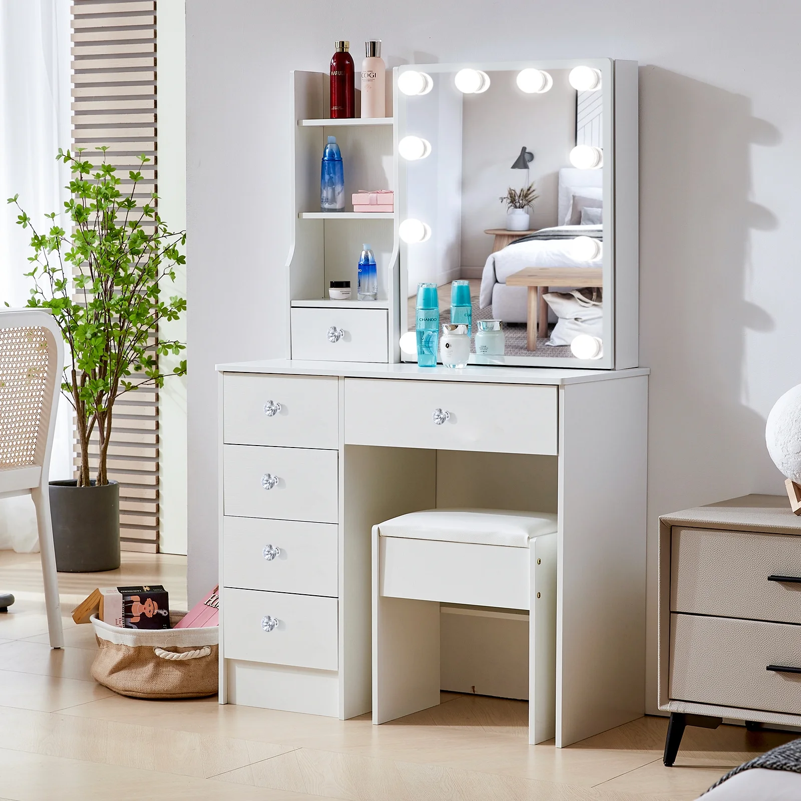 Jarbalai 10-LED Vanity Table with Sliding Mirror, 6 Drawers & Stool, White Makeup Desk