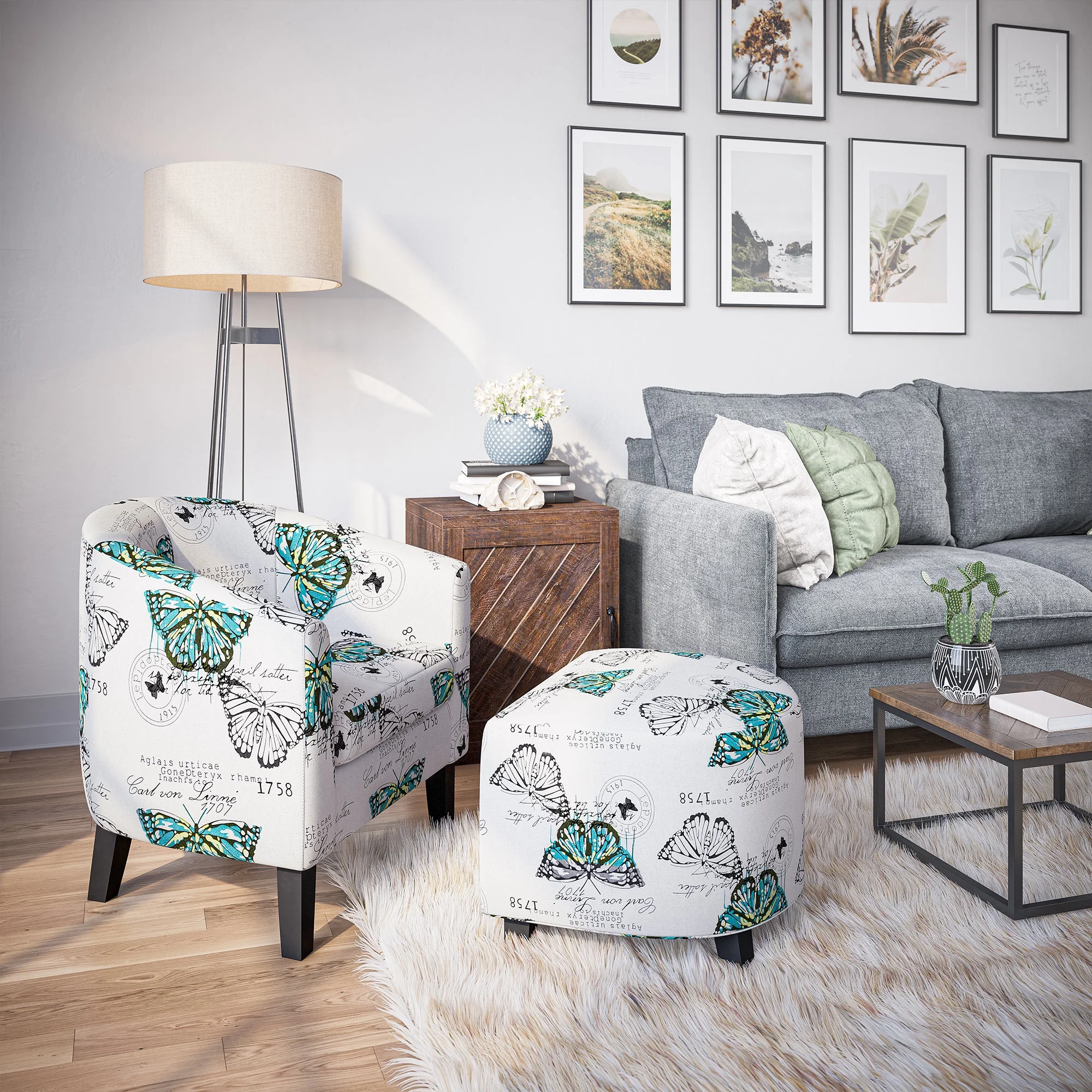 BELLEZE Accent Club Chair with Ottoman - Lydia (Butterfly White)