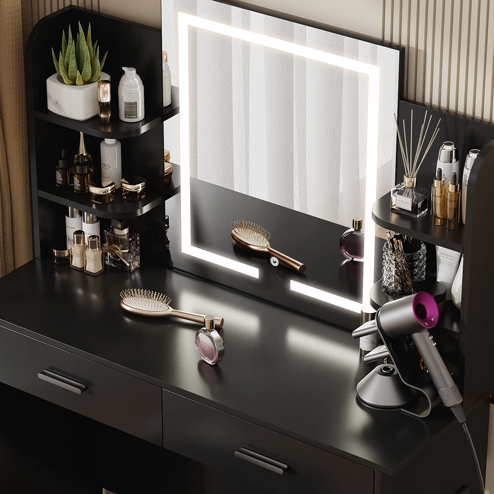RichYa Modern Makeup Vanity Set with Lights Mirror and Drawers,White Makeup Desk,Dressing Table