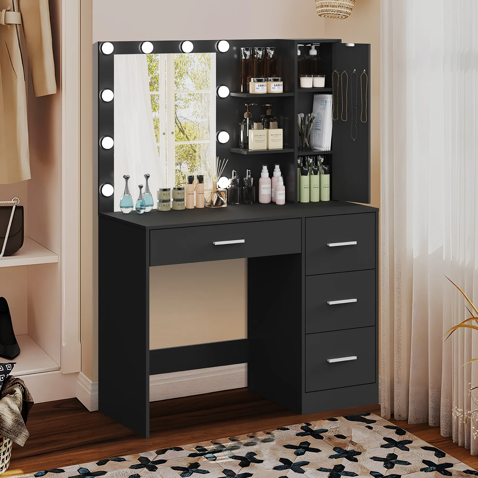 USIKEY LED Lights Mirror Vanity Desk Drawers Shelves Table Set Black