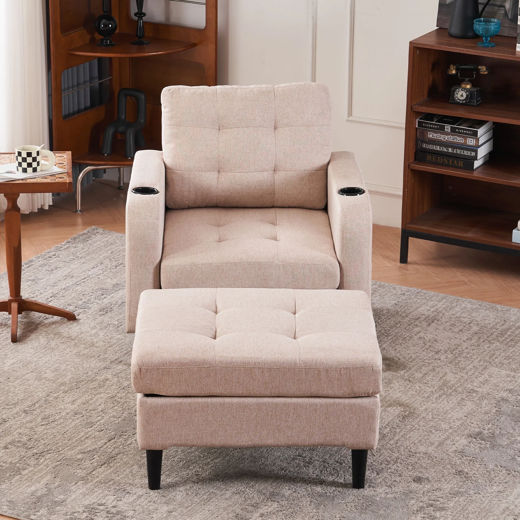Sherpa Accent Chair & Storage Ottoman Set with Tufted Detailing, Comfortable Upholstered Armchair with Cup Holders and side pocket, Versatile Lounge for Living Room, Bedroom, Reading Nook, Beige